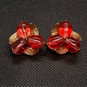 Juliana D&E Stunning Vintage Clip‎ On Earrings Gold Tone Red Beads Rhinestone